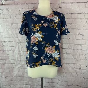 Rewind Navy Floral short flutter sleeve crepe Blouse womens L button keyhole bk